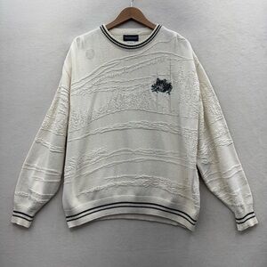 Vintage Wolf Sweater Men's XL Cream Textured Knit USA Made Nature Embroidered